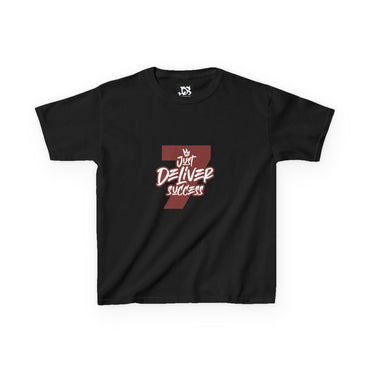 Kids That City 7 Burgundy Just Deliver Success Tee displayed on a black background, perfect for kids' casual wear.