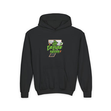 Youth Hooded Sweatshirt - Da Desert Collection featuring bold 'Just Deliver Success' graphic on dark background.