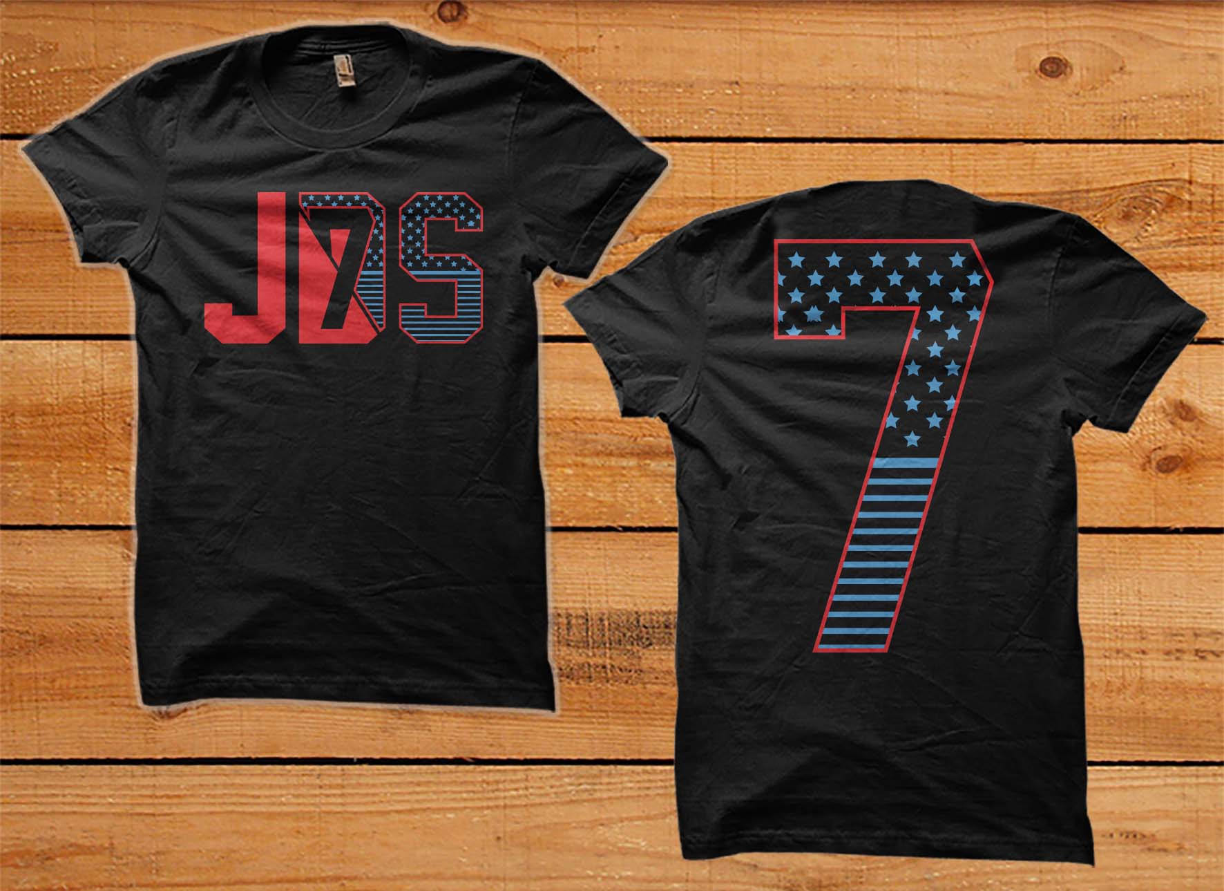 B-Wood JDS 7 Modern Streetwear Fashion T-Shirt featuring a black design with JDS and 7 in red and blue patterns.