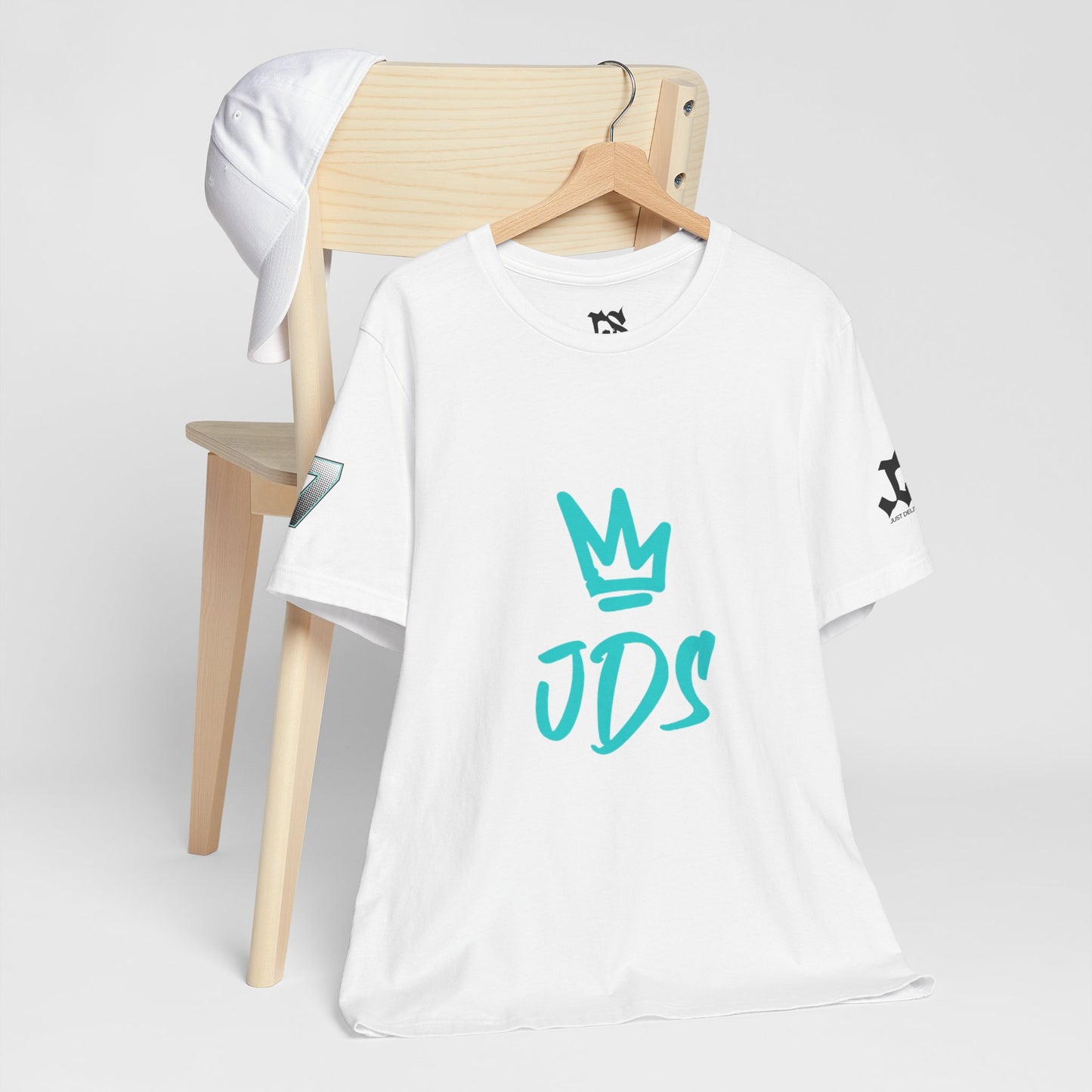 Just Deliver Success Blue Combo That City 7 Summer Collection featuring a white t-shirt with JDS logo on a chair.
