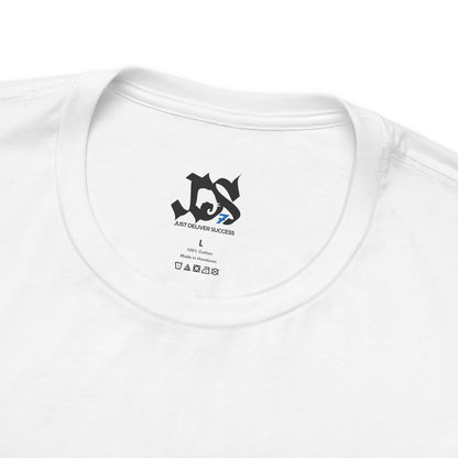 Just Deliver Success Da Desert That City 7 Summer Collection white t-shirt close-up of collar and logo.