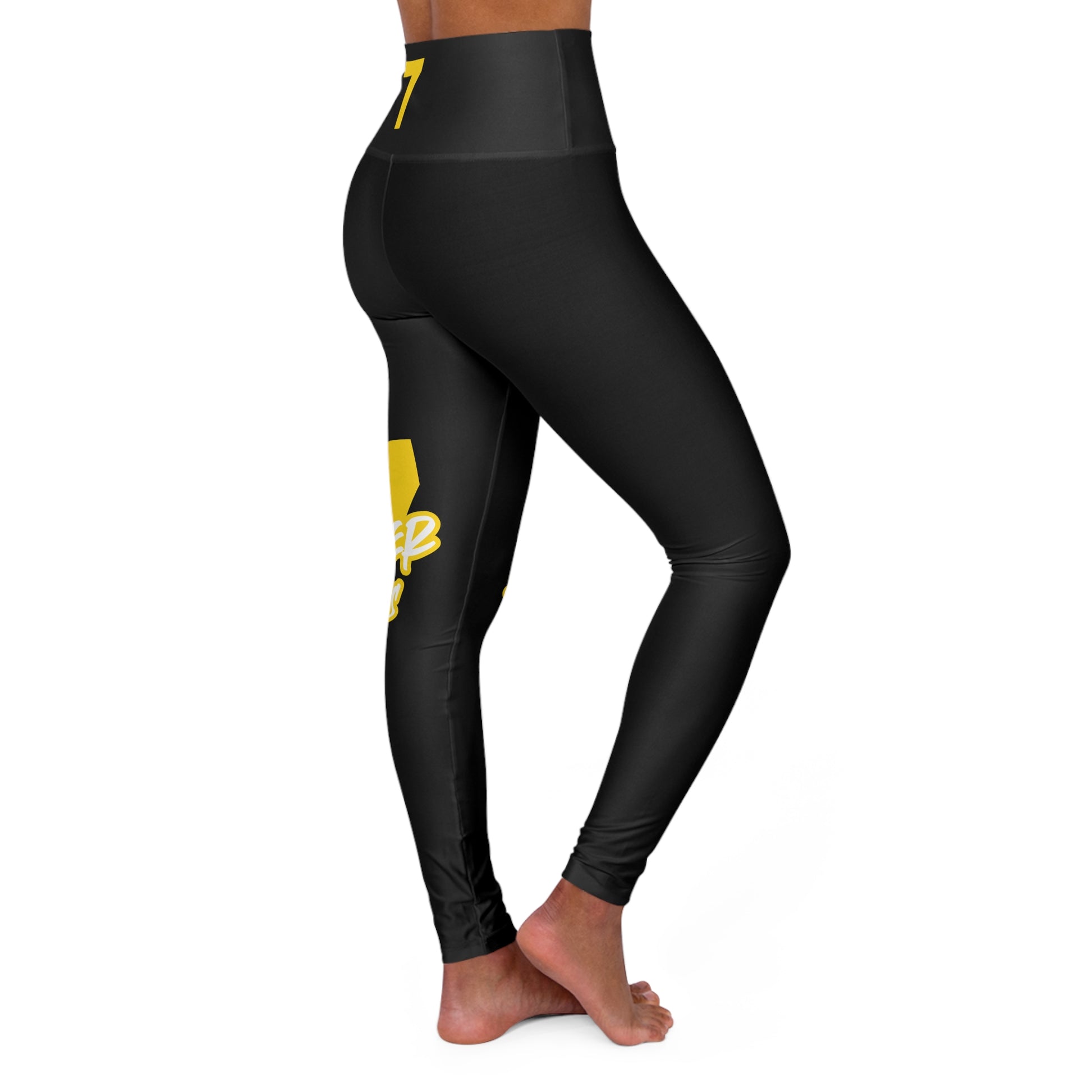 Just Deliver Success Gold High Waisted Yoga Leggings side view showcasing premium fit and bold gold design.