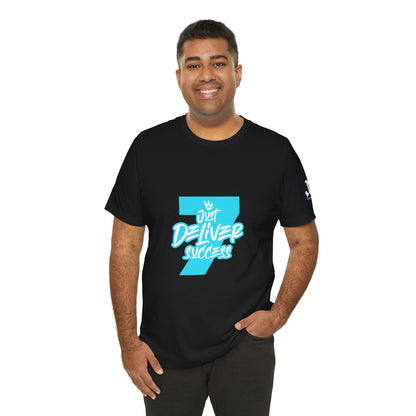 Man wearing black t-shirt featuring Just Deliver Success Light Blue That City 7 Summer Collection design.