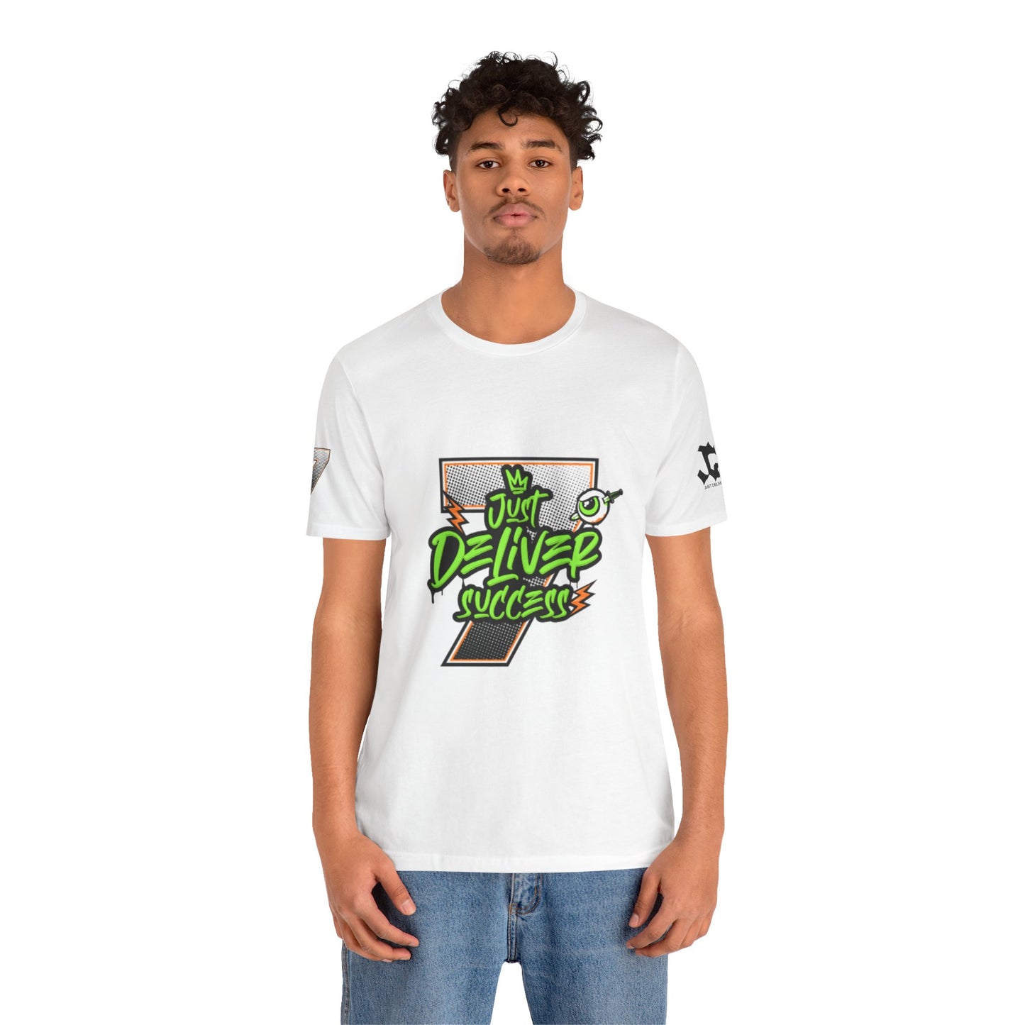 Model wearing a white t-shirt featuring the design 'Just Deliver Success Da Desert That City 7 Summer Collection'.