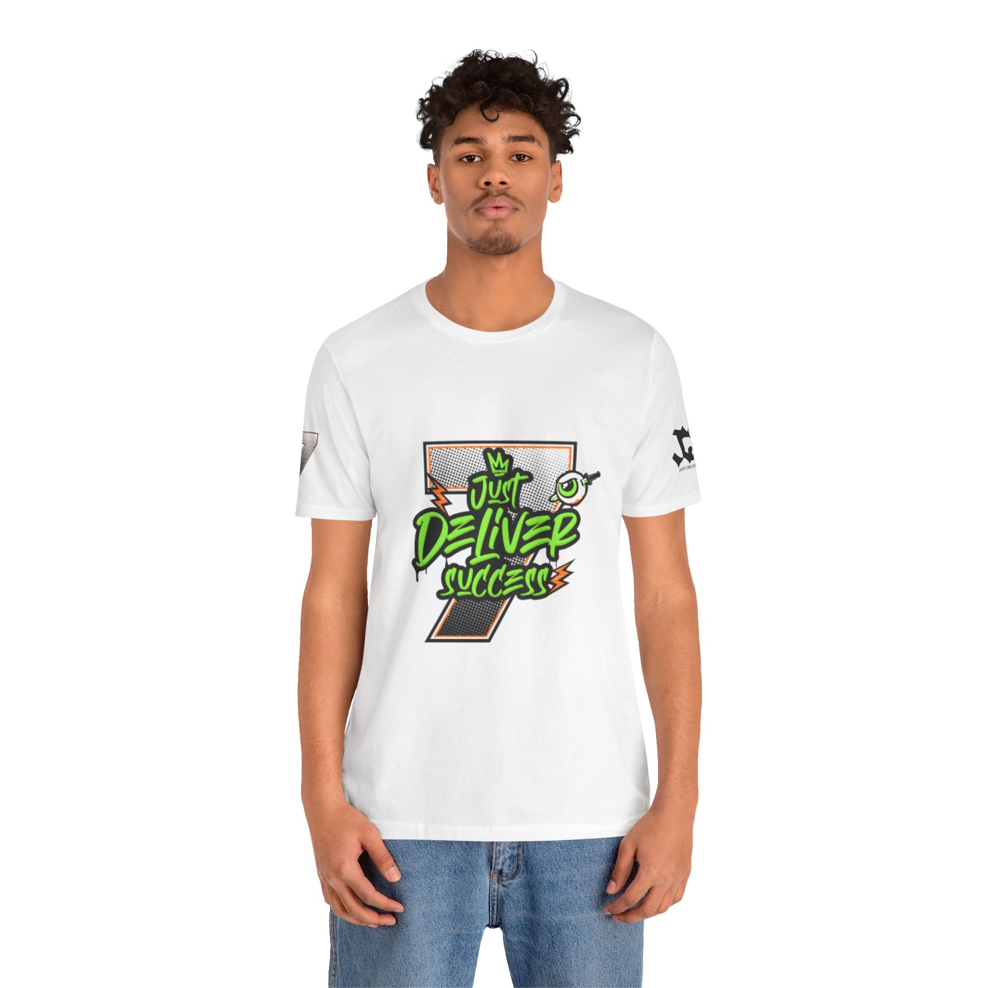 Model wearing a white t-shirt featuring the design 'Just Deliver Success Da Desert That City 7 Summer Collection'.