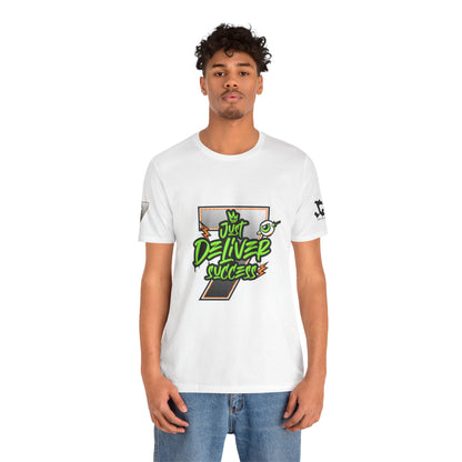 Model wearing a white t-shirt featuring the design 'Just Deliver Success Da Desert That City 7 Summer Collection'.