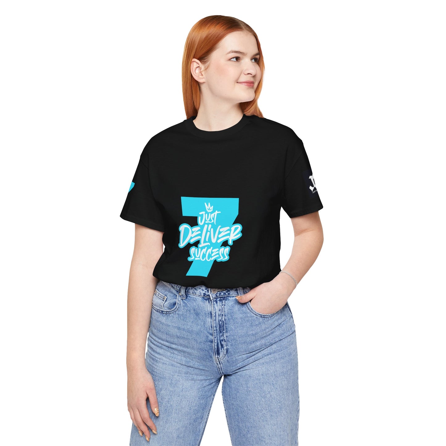 Just Deliver Success Light Blue That City 7 Summer Collection black t-shirt worn by a woman with red hair