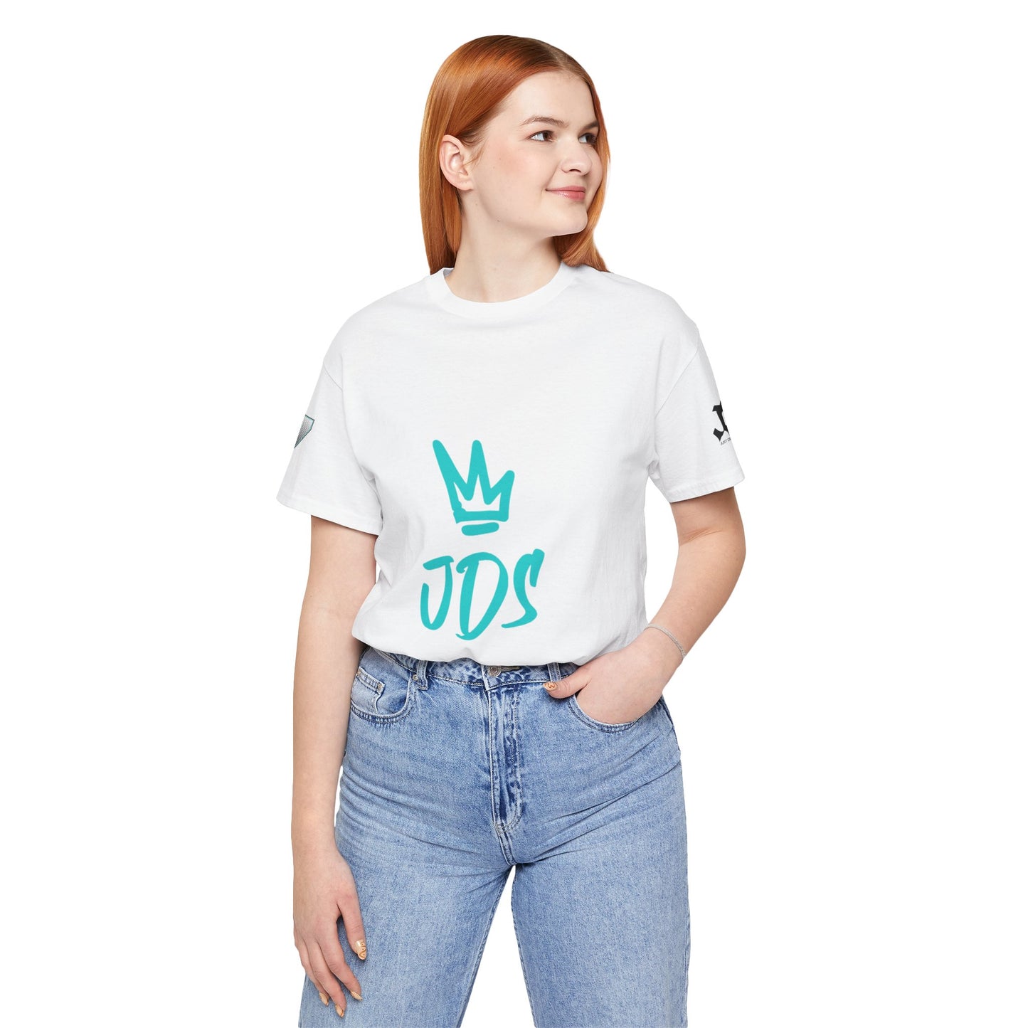 Just Deliver Success Blue Combo That City 7 Summer Collection white t-shirt with teal JDS logo worn by model.