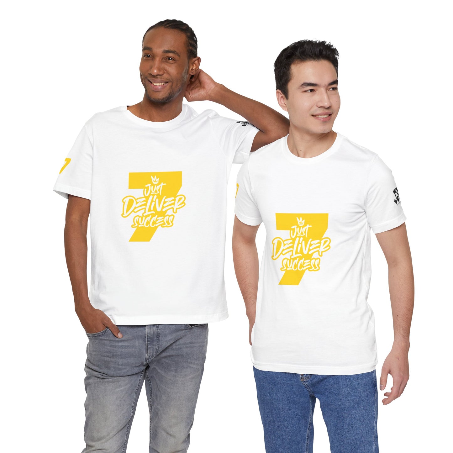 Just Deliver Success Gold That City 7 Summer Collection white t-shirts worn by two men, featuring a vibrant design.