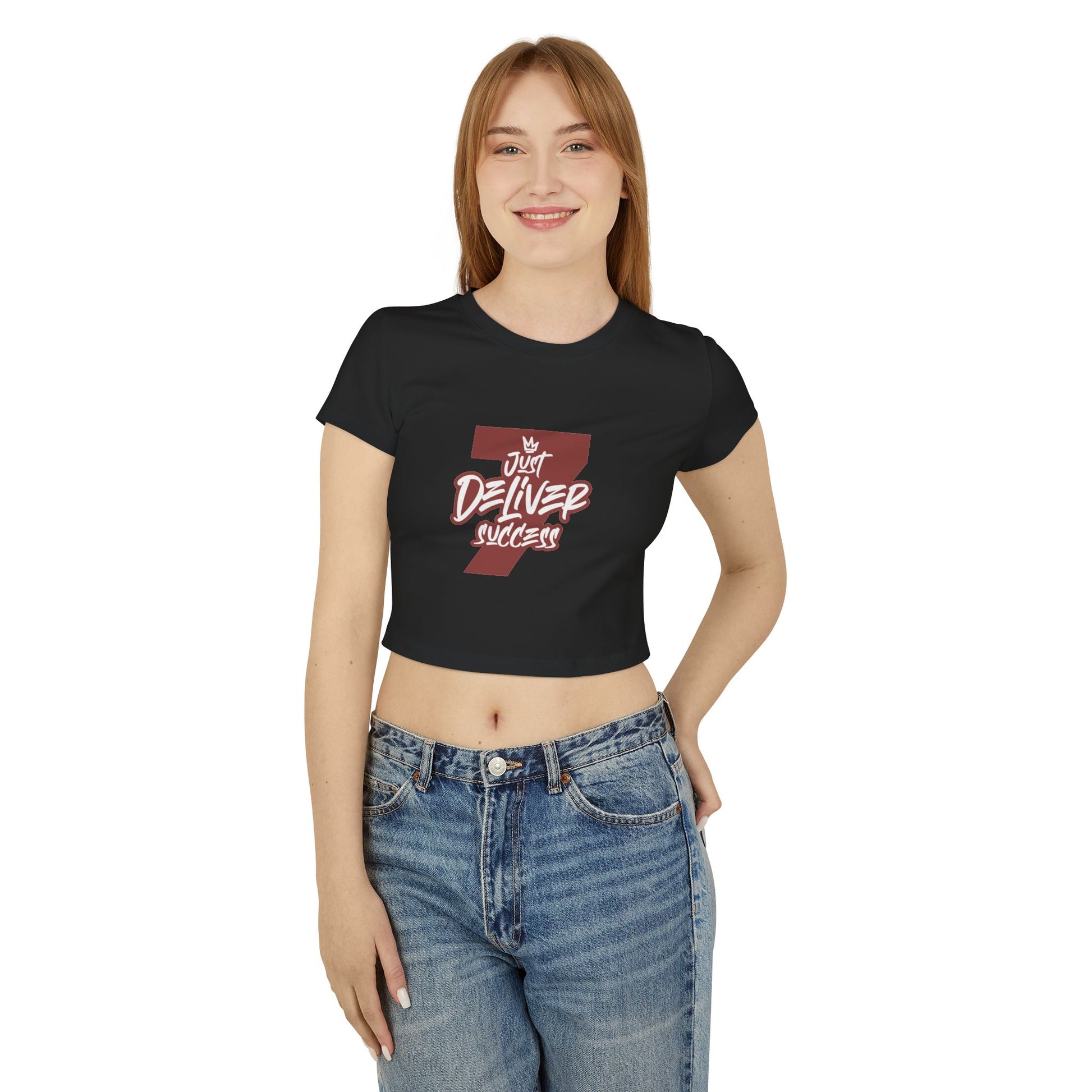Just Deliver Success Women's Baby Tee That City 7 Collection worn by a smiling woman in a stylish cropped black tee.
