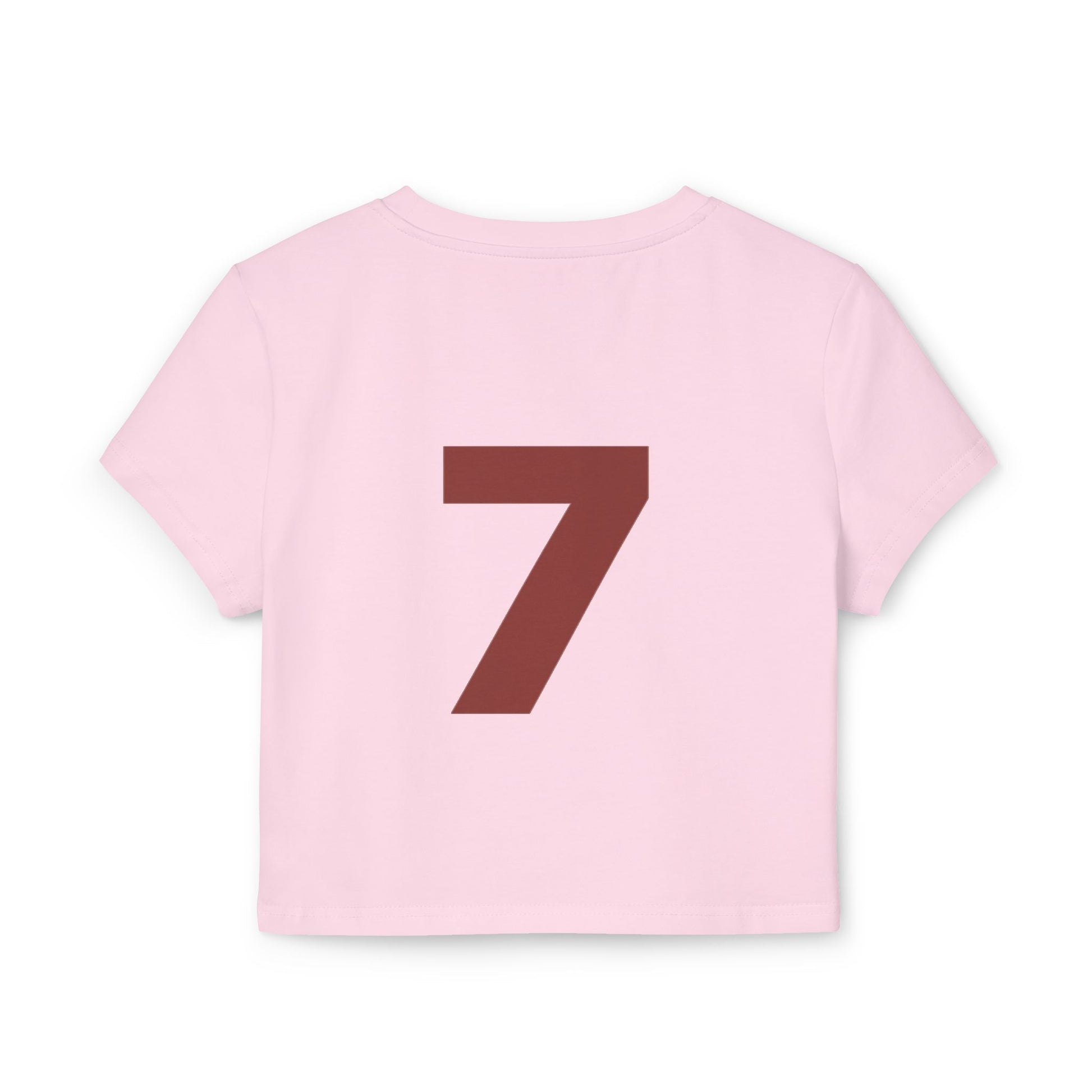 Just Deliver Success Women's Baby Tee That City 7 Collection pink cropped tee with large brown number 7 on the back.