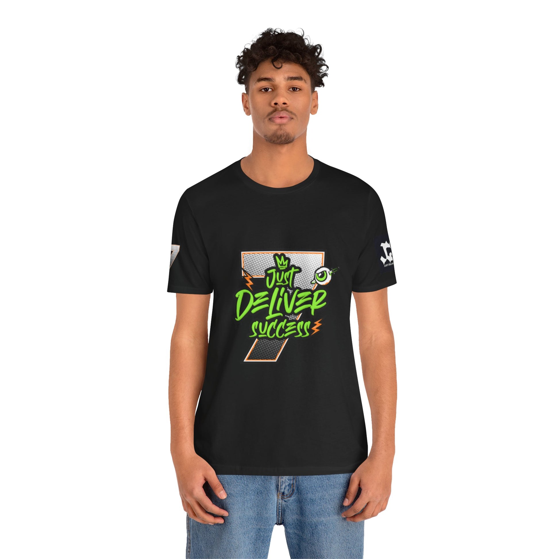 Model wearing a black t-shirt featuring the Just Deliver Success Da Desert That City 7 Summer Collection design.