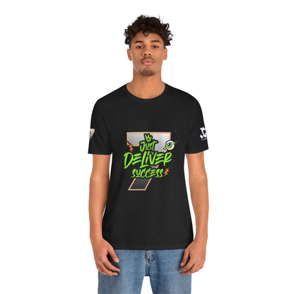 Model wearing a black t-shirt featuring the Just Deliver Success Da Desert That City 7 Summer Collection design.
