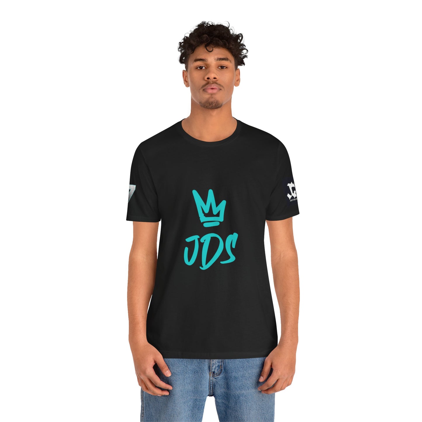 Model wearing Just Deliver Success Blue Combo That City 7 Summer Collection black t-shirt with JDS logo.
