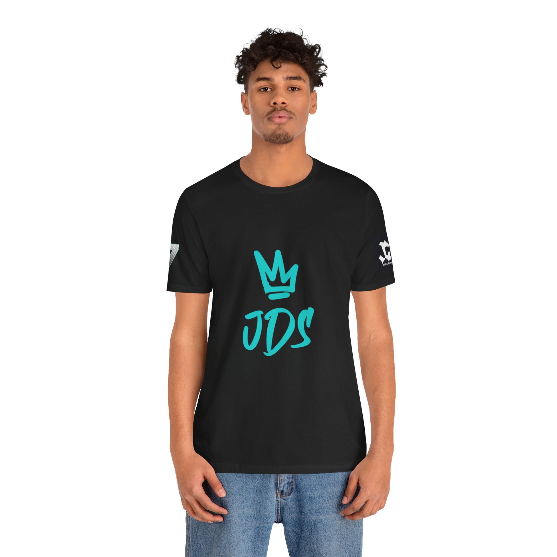 Model wearing Just Deliver Success Blue Combo That City 7 Summer Collection black t-shirt with JDS logo.