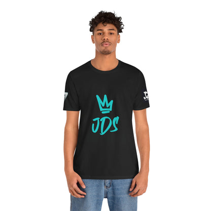 Model wearing Just Deliver Success Blue Combo That City 7 Summer Collection black t-shirt with JDS logo.
