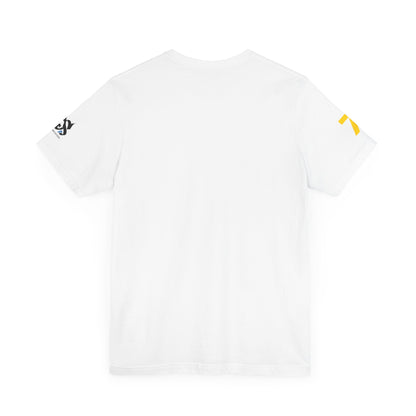 Just Deliver Success Gold That City 7 Summer Collection back view of a white t-shirt with logo details on sleeves.