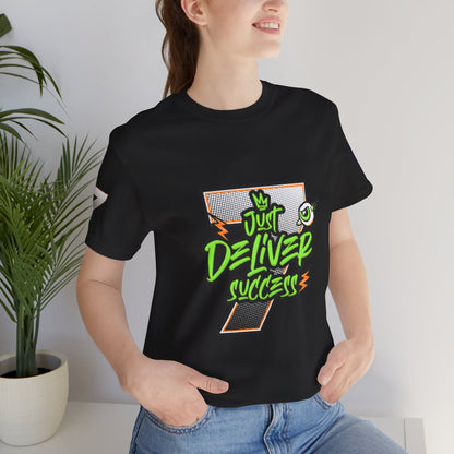 Model wearing a black t-shirt featuring the slogan Just Deliver Success Da Desert That City 7 Summer Collection.