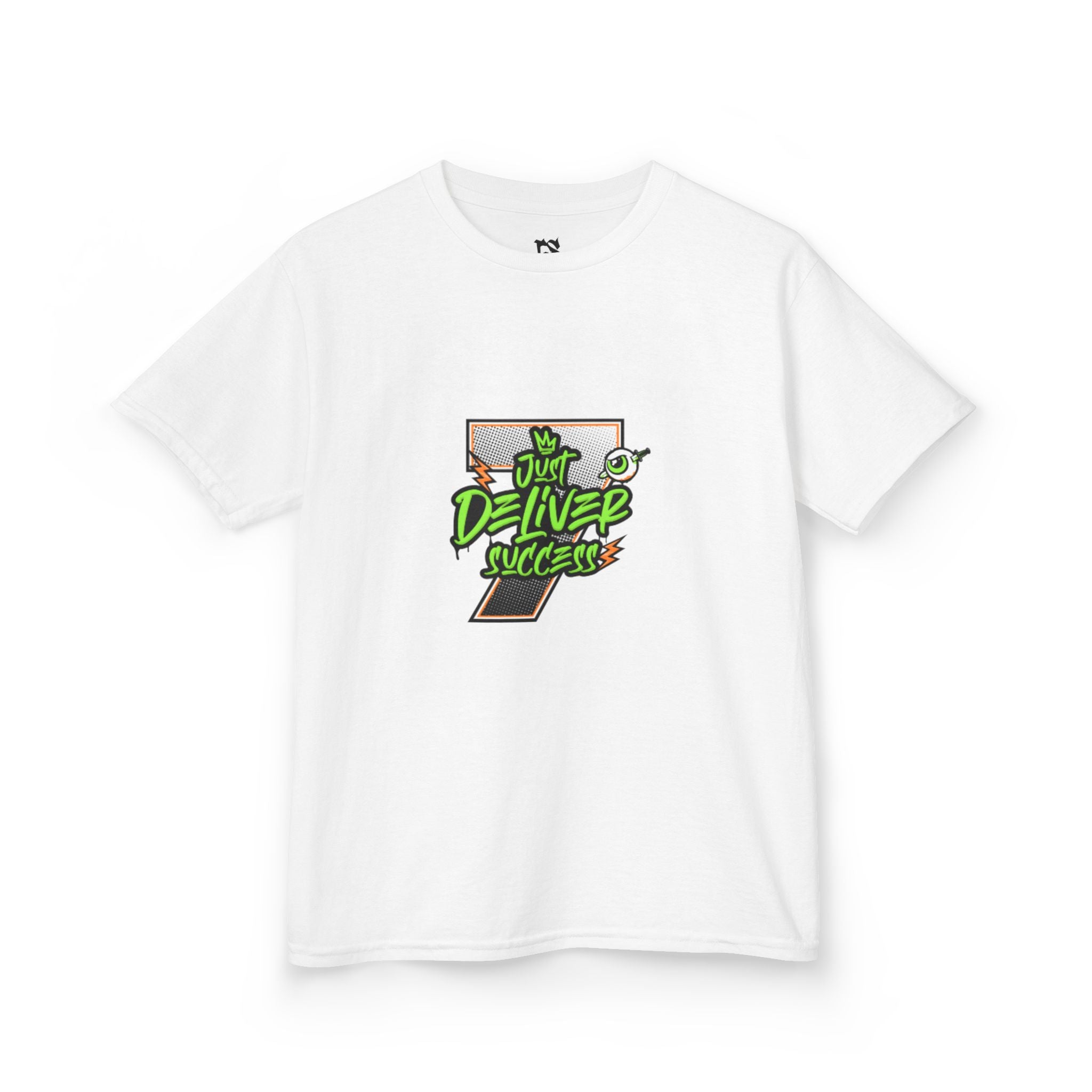 Kids Da Desert Green Just Deliver Success Kids Tee on a white background with vibrant graphic design.