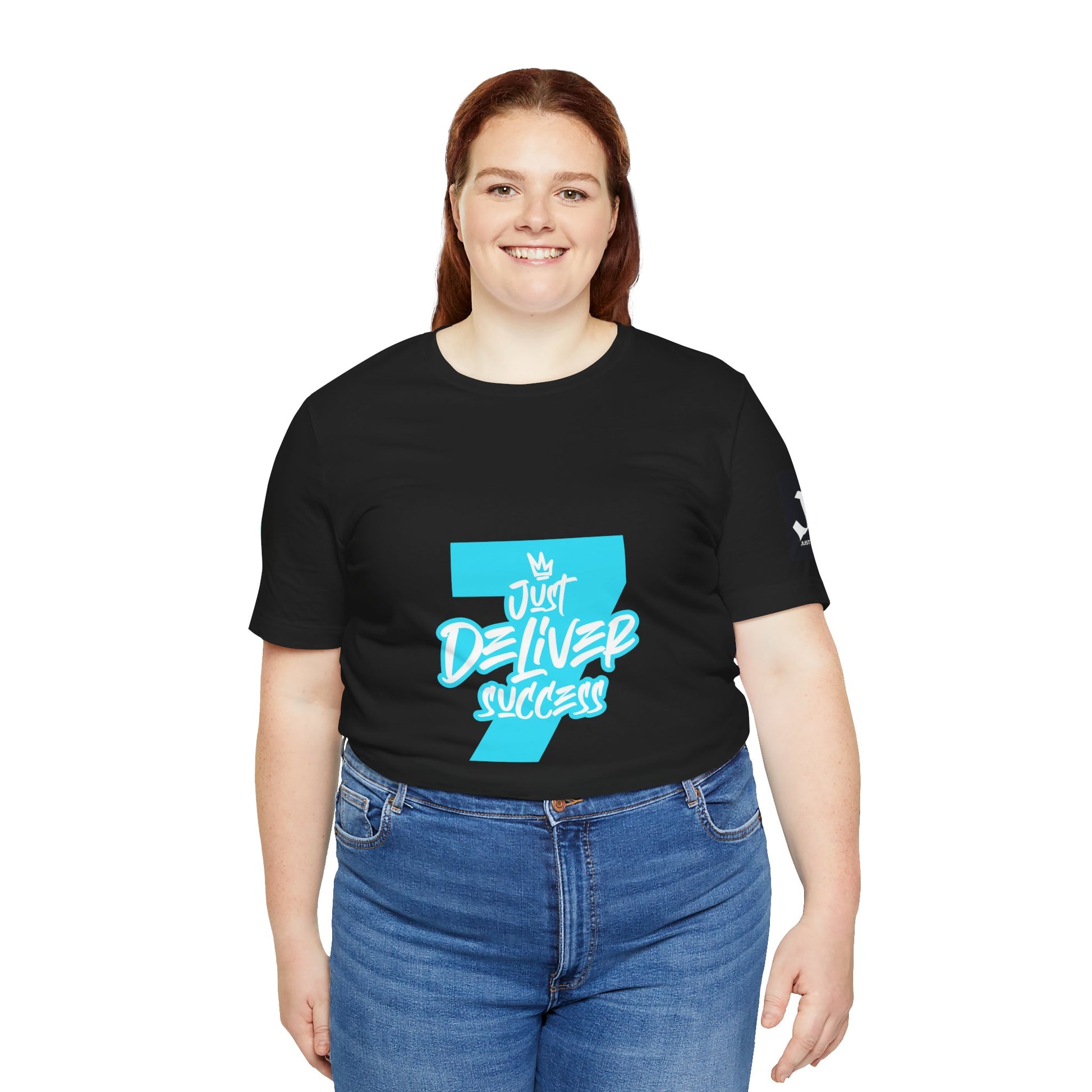 Model wearing Just Deliver Success Light Blue That City 7 Summer Collection t-shirt in black.