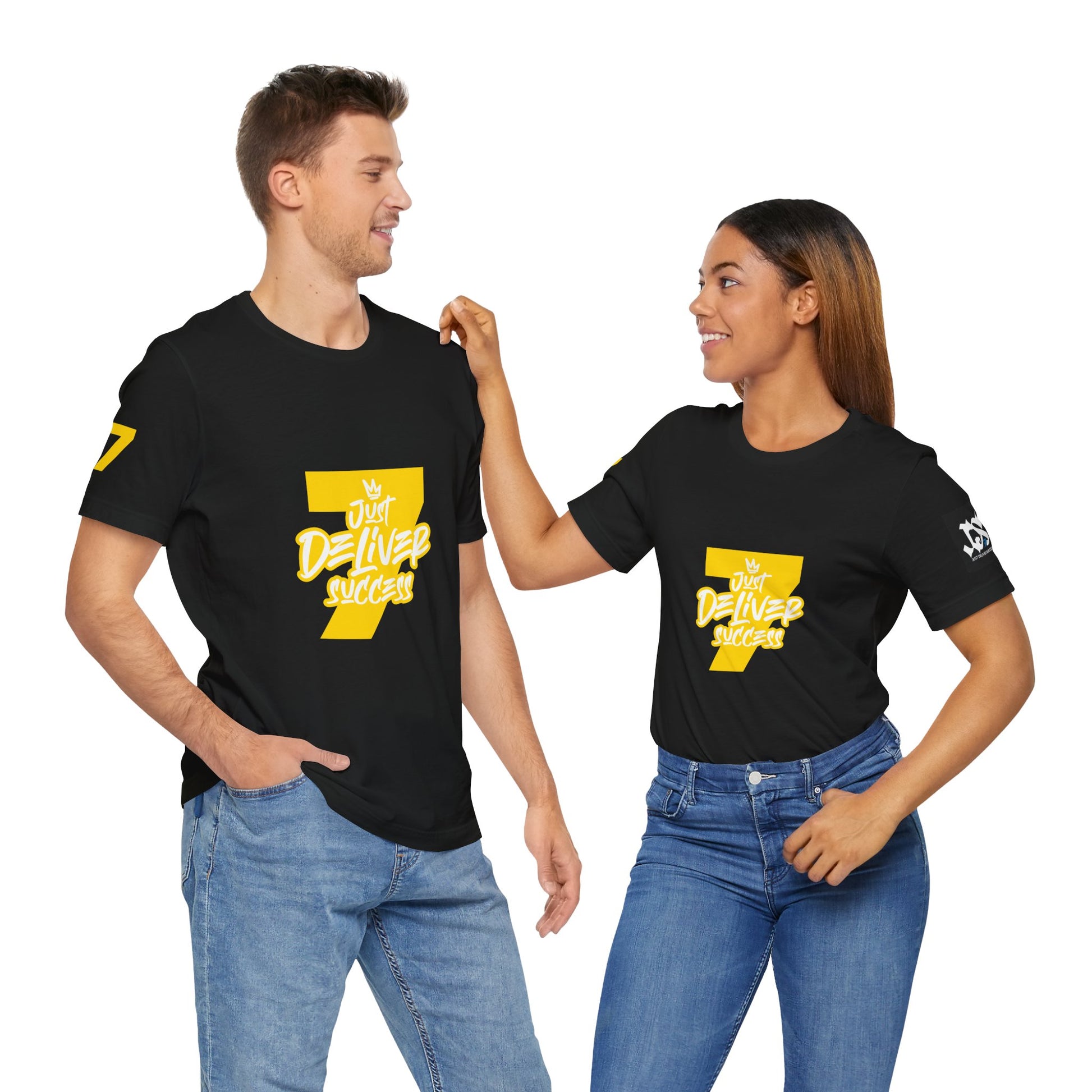 Just Deliver Success Gold That City 7 Summer Collection t-shirts worn by a man and woman, showcasing stylish summer fashion.