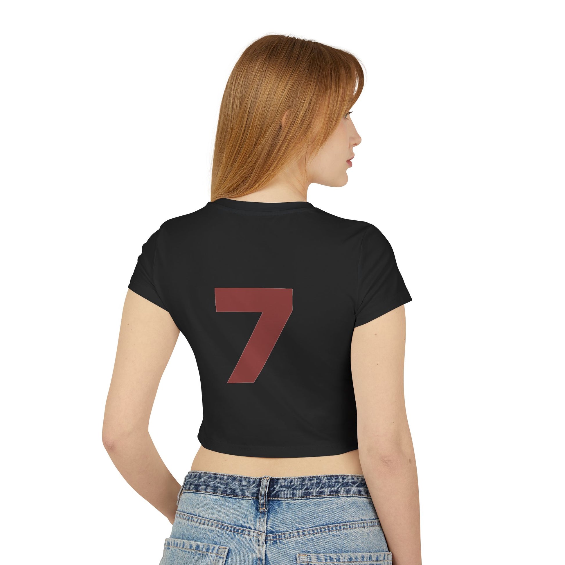 Just Deliver Success Women's Baby Tee That City 7 Collection featuring a stylish black crop top with a bold red number 7 on the back.