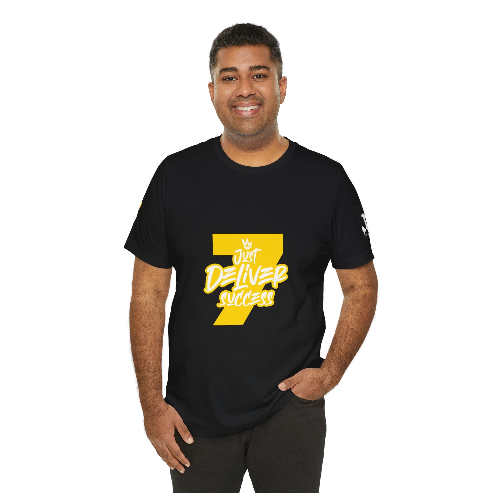 Man wearing black t-shirt with 'Just Deliver Success Gold That City 7 Summer Collection' design.