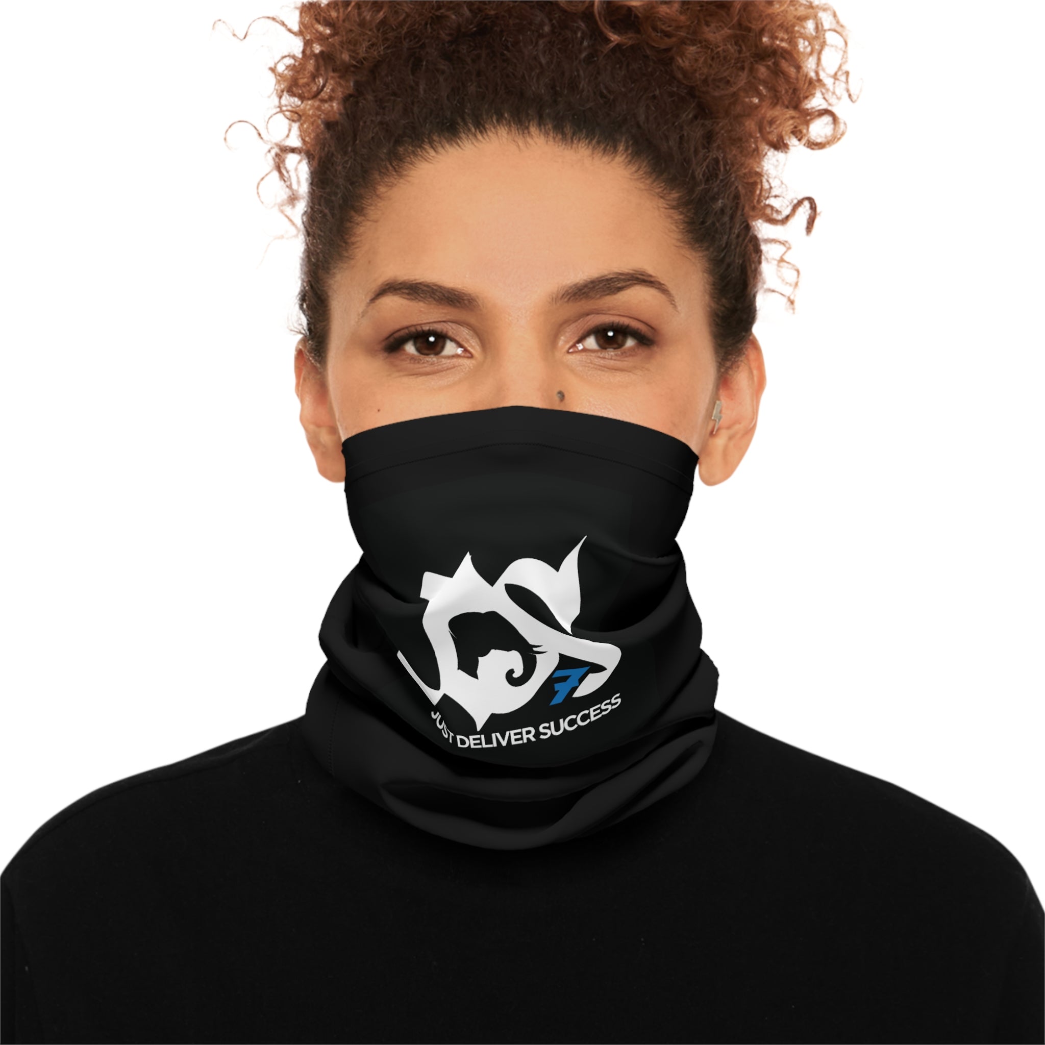 Model wearing Just Deliver Success Lightweight Neck Gaiter in black, featuring a stylish logo design.