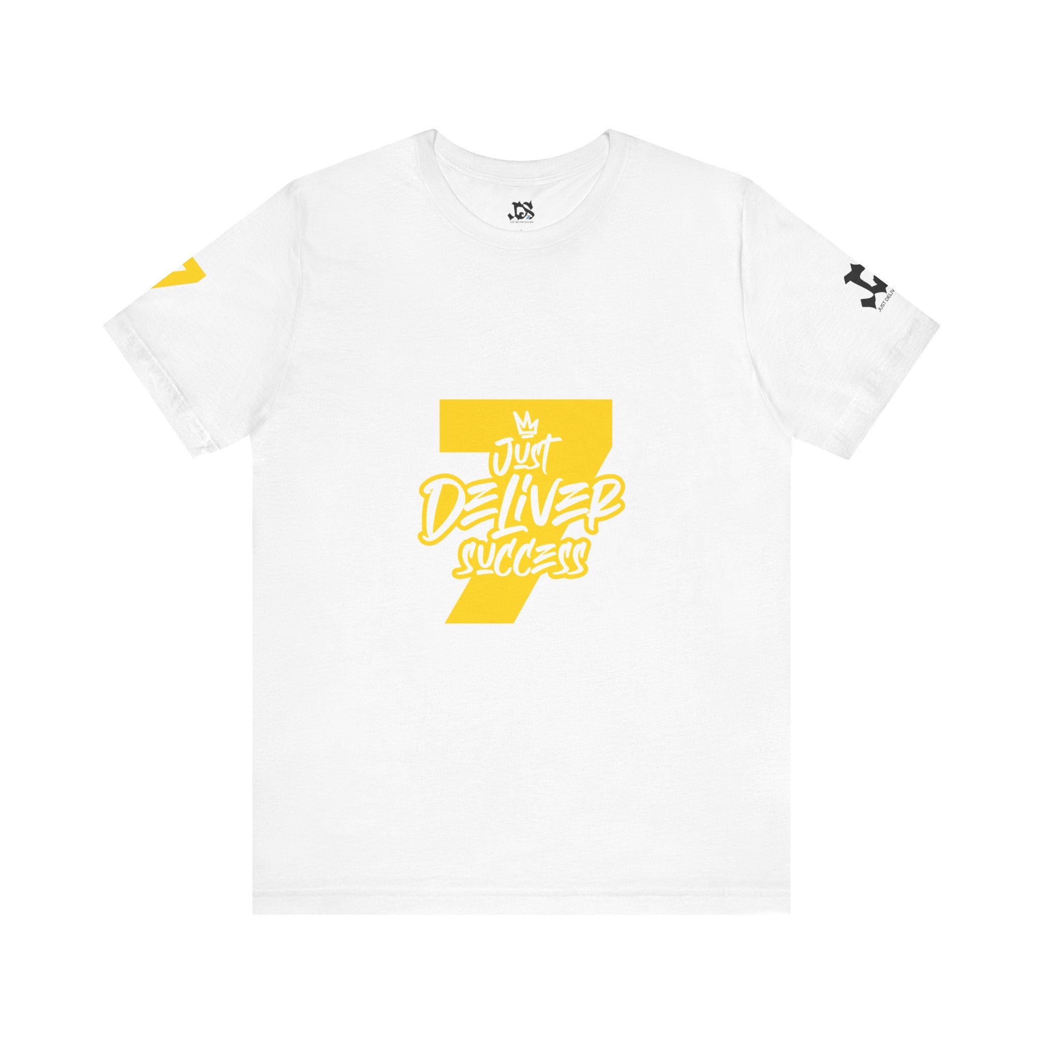 Just Deliver Success Gold That City 7 Summer Collection white t-shirt with yellow print on the front.