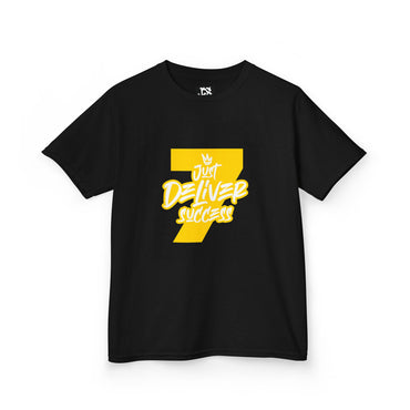Kids That City 7 Gold Just Deliver Success Tee in black with yellow graphic design.