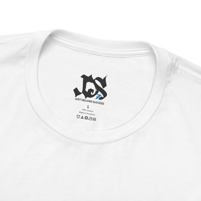 Just Deliver Success Light Blue That City 7 Summer Collection logo printed on a white t-shirt collar.