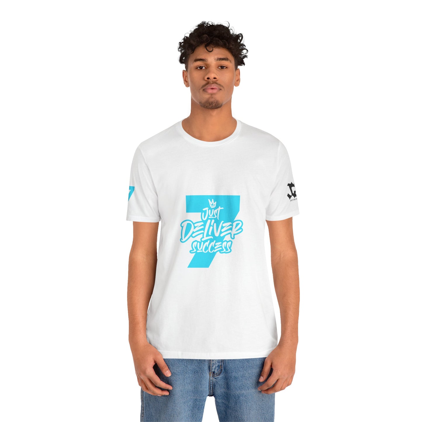 Just Deliver Success Light Blue That City 7 Summer Collection men's t-shirt model wearing white shirt with blue lettering