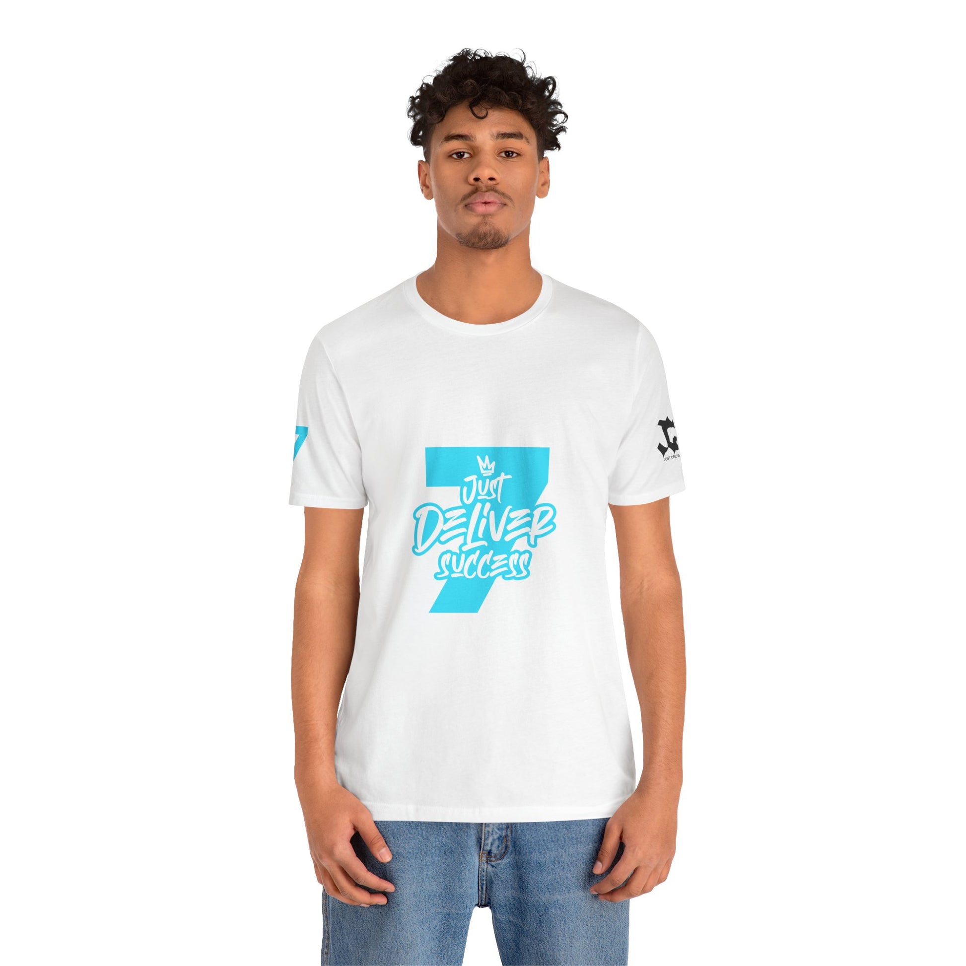 Just Deliver Success Light Blue That City 7 Summer Collection men's t-shirt model wearing white shirt with blue lettering