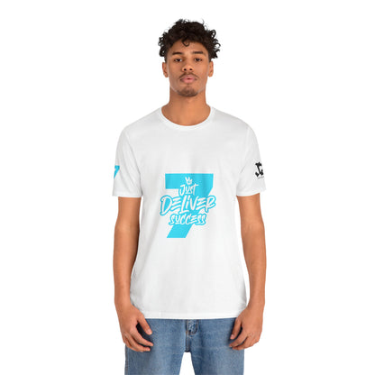 Just Deliver Success Light Blue That City 7 Summer Collection men's t-shirt model wearing white shirt with blue lettering