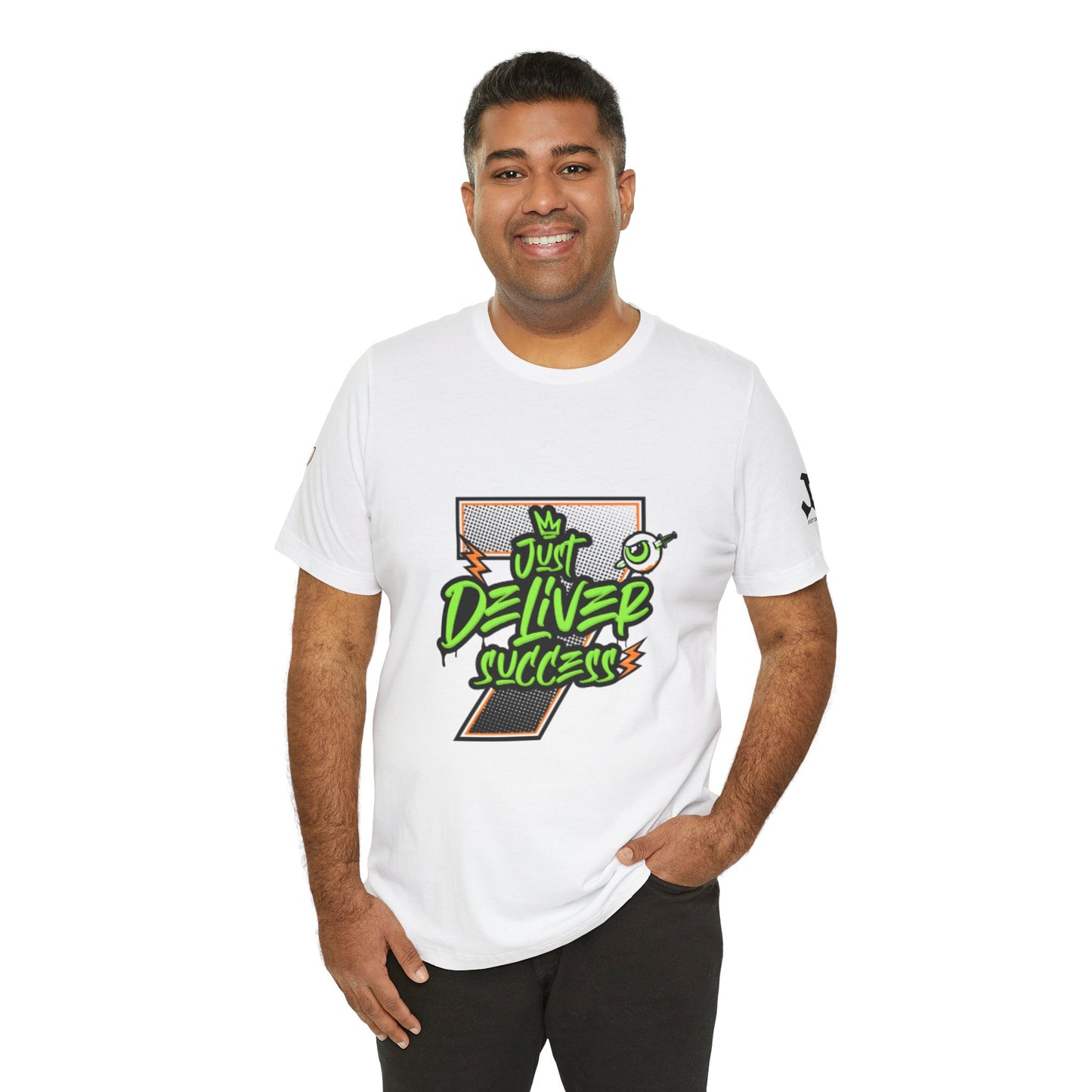 Man wearing a white t-shirt featuring the Just Deliver Success Da Desert That City 7 Summer Collection design.