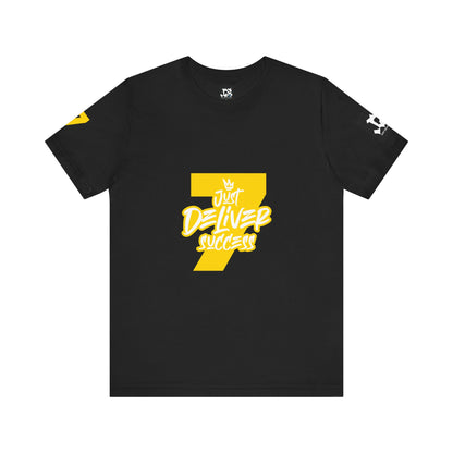 Just Deliver Success Gold That City 7 Summer Collection black t-shirt with yellow graphic design