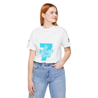 Model wearing Just Deliver Success Light Blue That City 7 Summer Collection t-shirt in white with turquoise design.