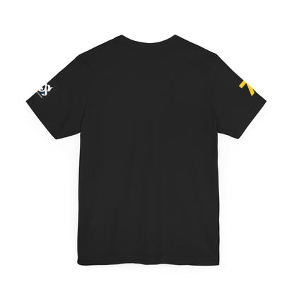Back view of Just Deliver Success Gold That City 7 Summer Collection black t-shirt.