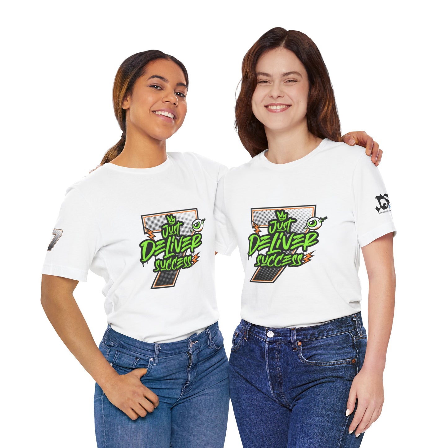 Two models wearing white t-shirts featuring the design 'Just Deliver Success Da Desert That City 7 Summer Collection'.