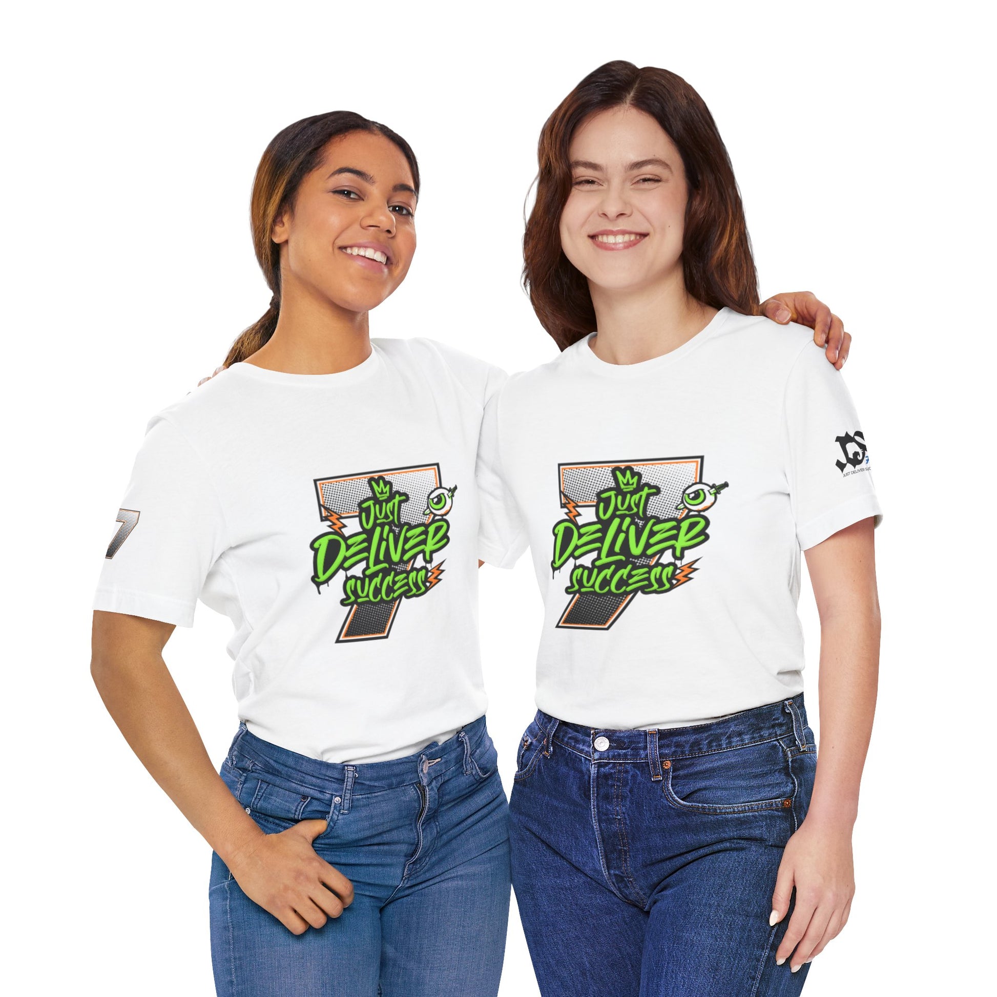 Two models wearing white t-shirts featuring the design 'Just Deliver Success Da Desert That City 7 Summer Collection'.