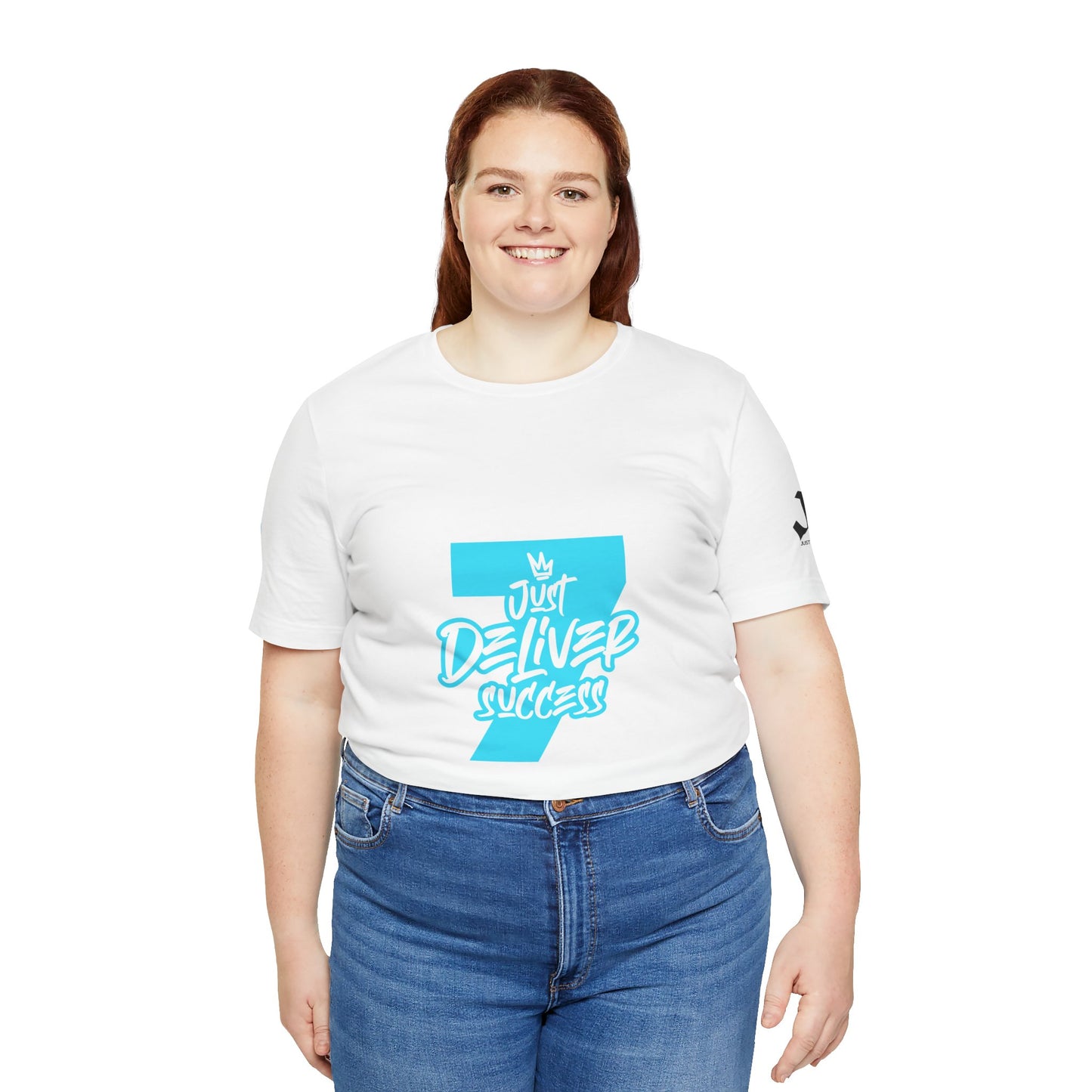 Model wearing Just Deliver Success Light Blue That City 7 Summer Collection t-shirt in white.