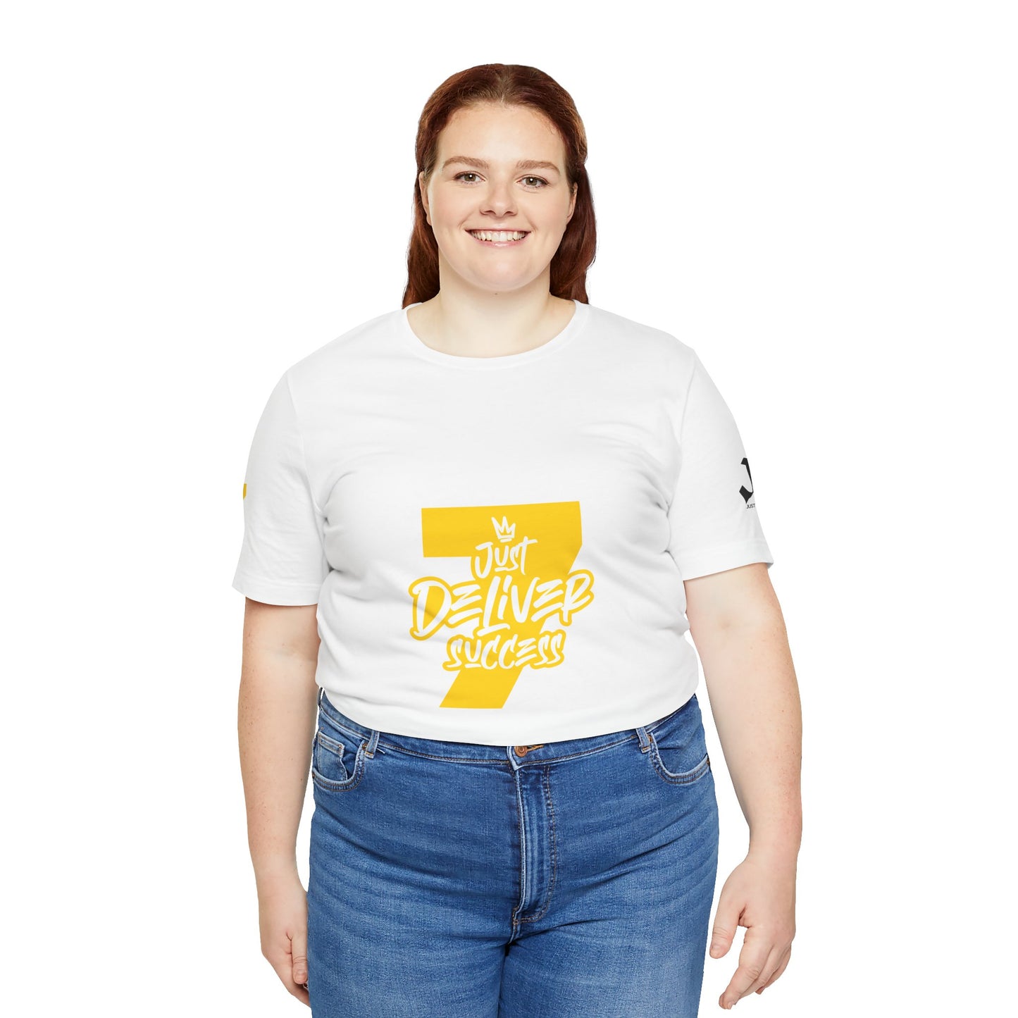Just Deliver Success Gold That City 7 Summer Collection white t-shirt model wearing it with a bold graphic design.
