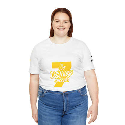 Just Deliver Success Gold That City 7 Summer Collection white t-shirt model wearing it with a bold graphic design.