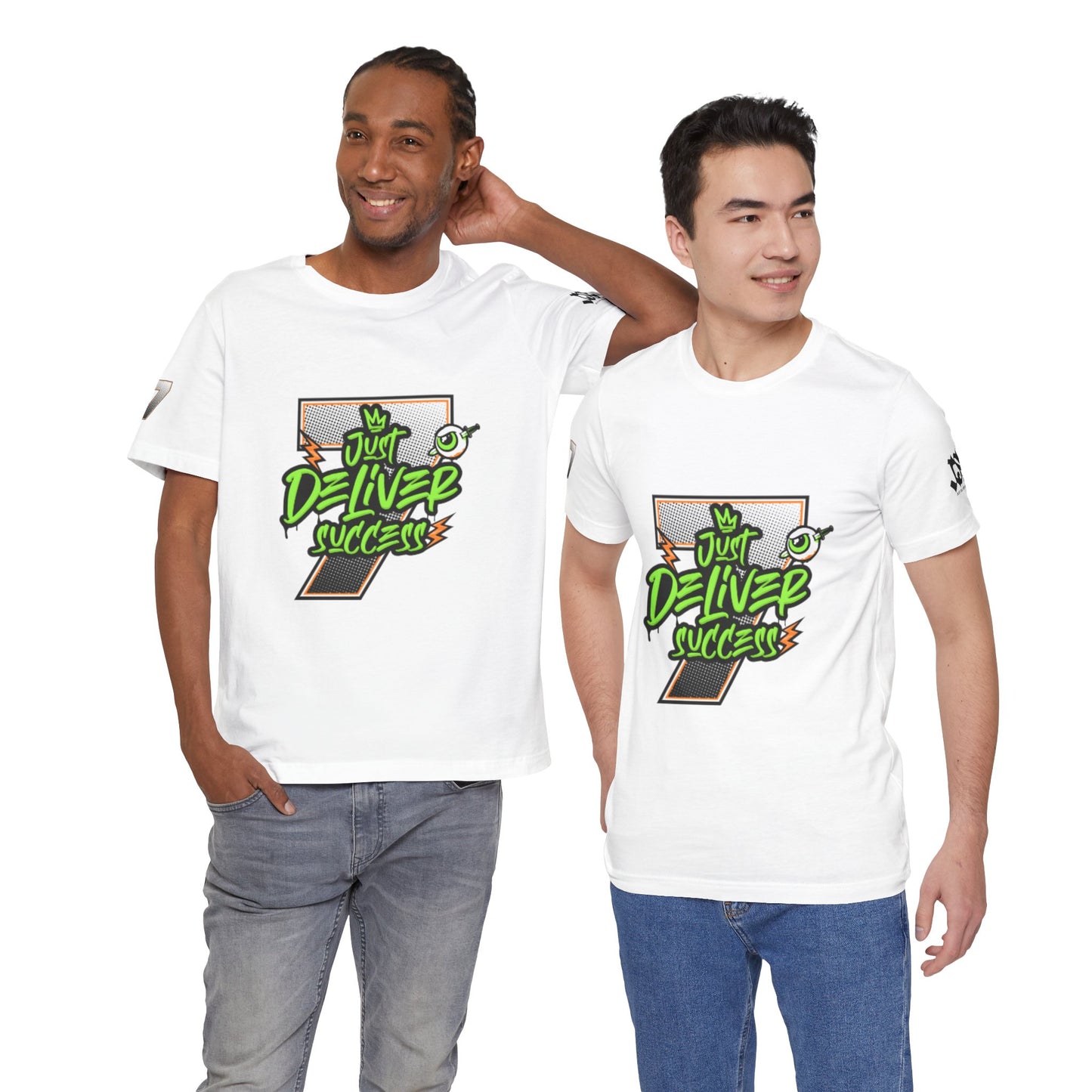 Two men wearing t-shirts featuring the design "Just Deliver Success Da Desert That City 7 Summer Collection".