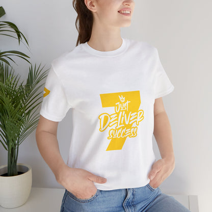 Just Deliver Success Gold That City 7 Summer Collection, casual white t-shirt with yellow graphic design.