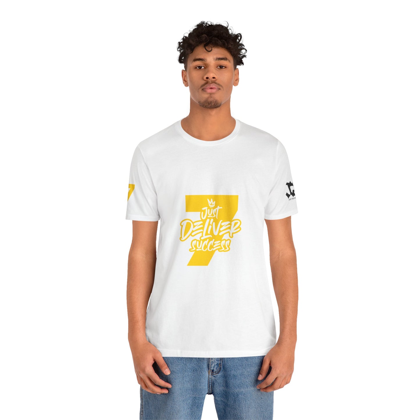 Model wearing Just Deliver Success Gold That City 7 Summer Collection white t-shirt with graphics.
