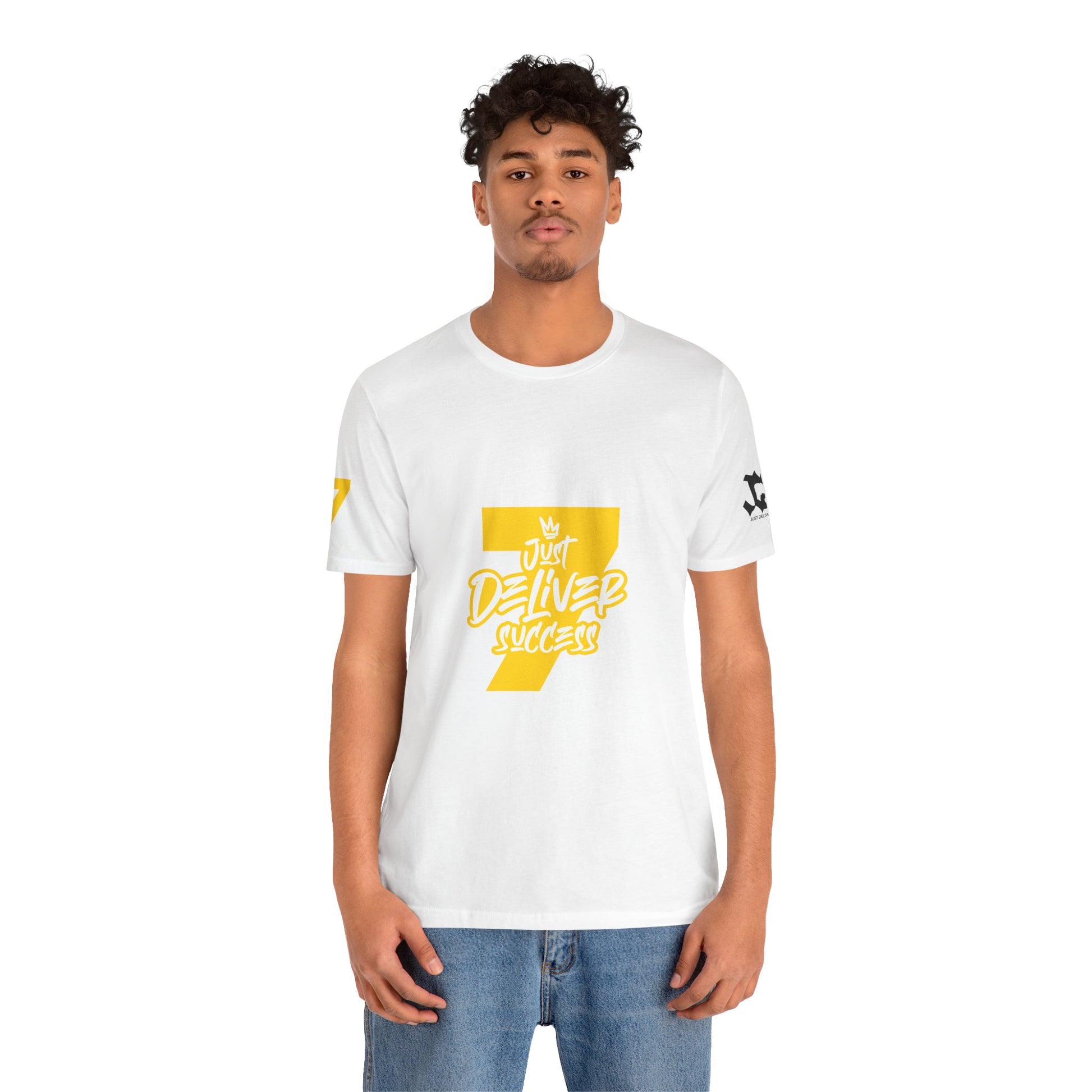 Model wearing Just Deliver Success Gold That City 7 Summer Collection white t-shirt with graphics.