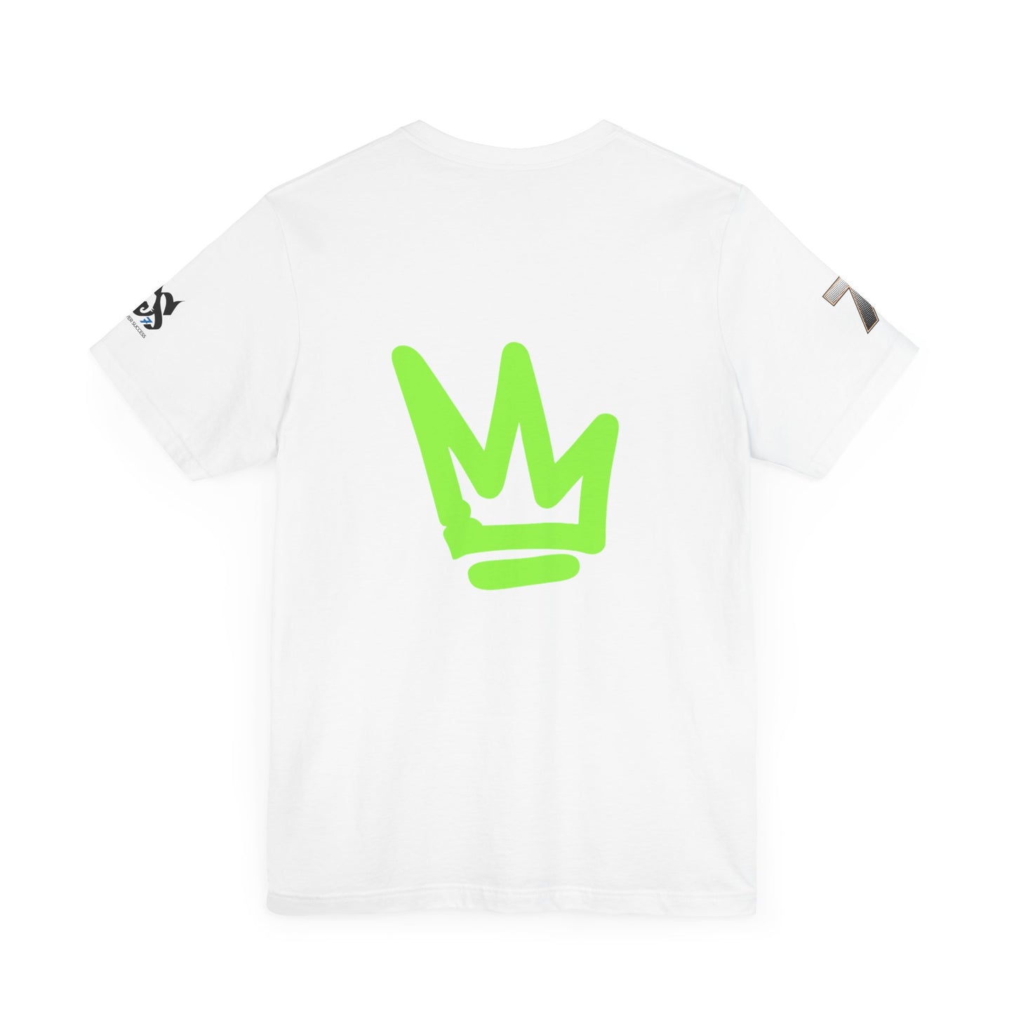 Just Deliver Success Da Desert That City 7 Summer Collection white t-shirt featuring a neon green crown logo on the back.