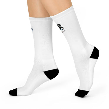 Just Delivers Success Cushioned Crew Socks in white with black accents, showcasing a comfortable fit and stylish design.