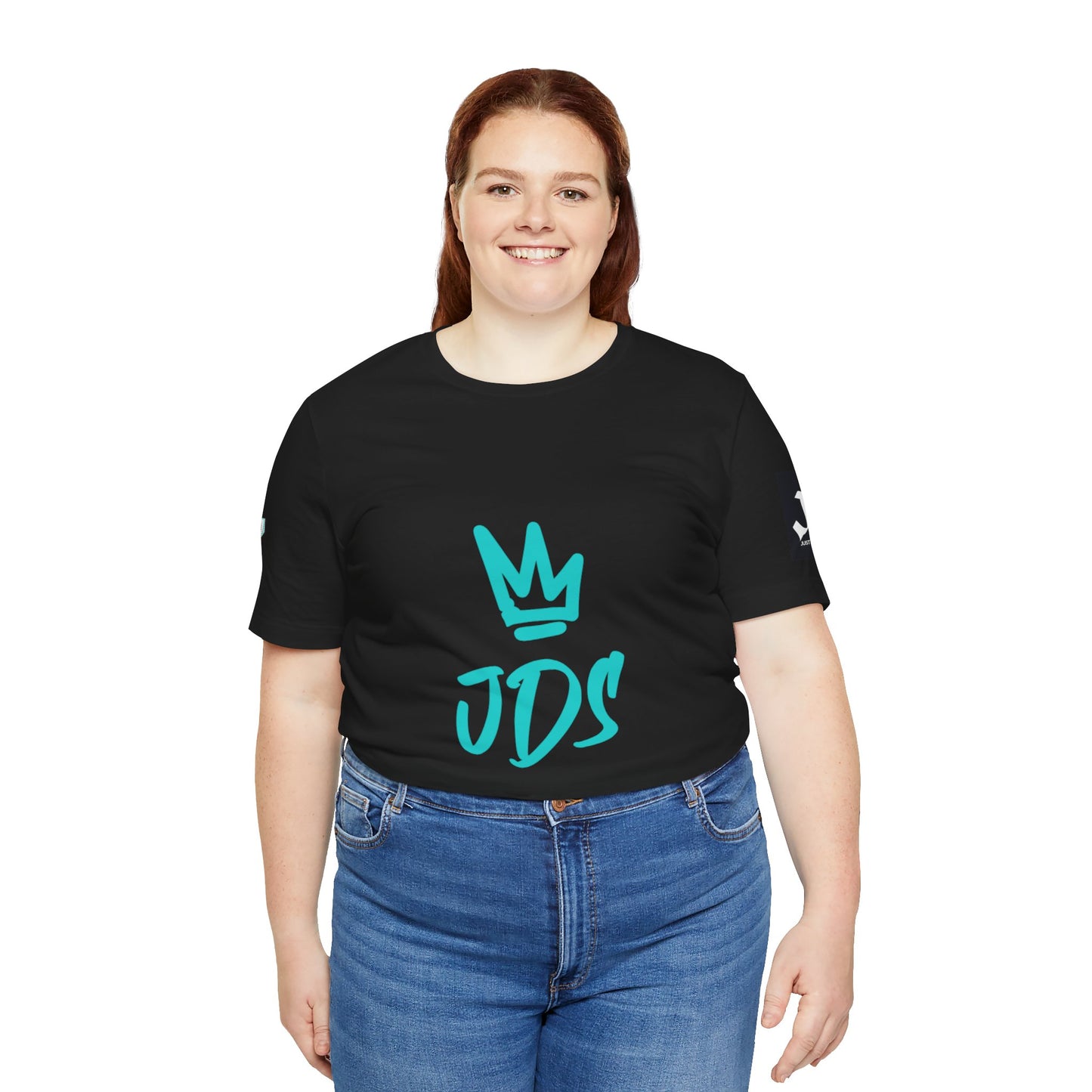 Model wearing Just Deliver Success Blue Combo That City 7 Summer Collection black t-shirt with JDS logo.